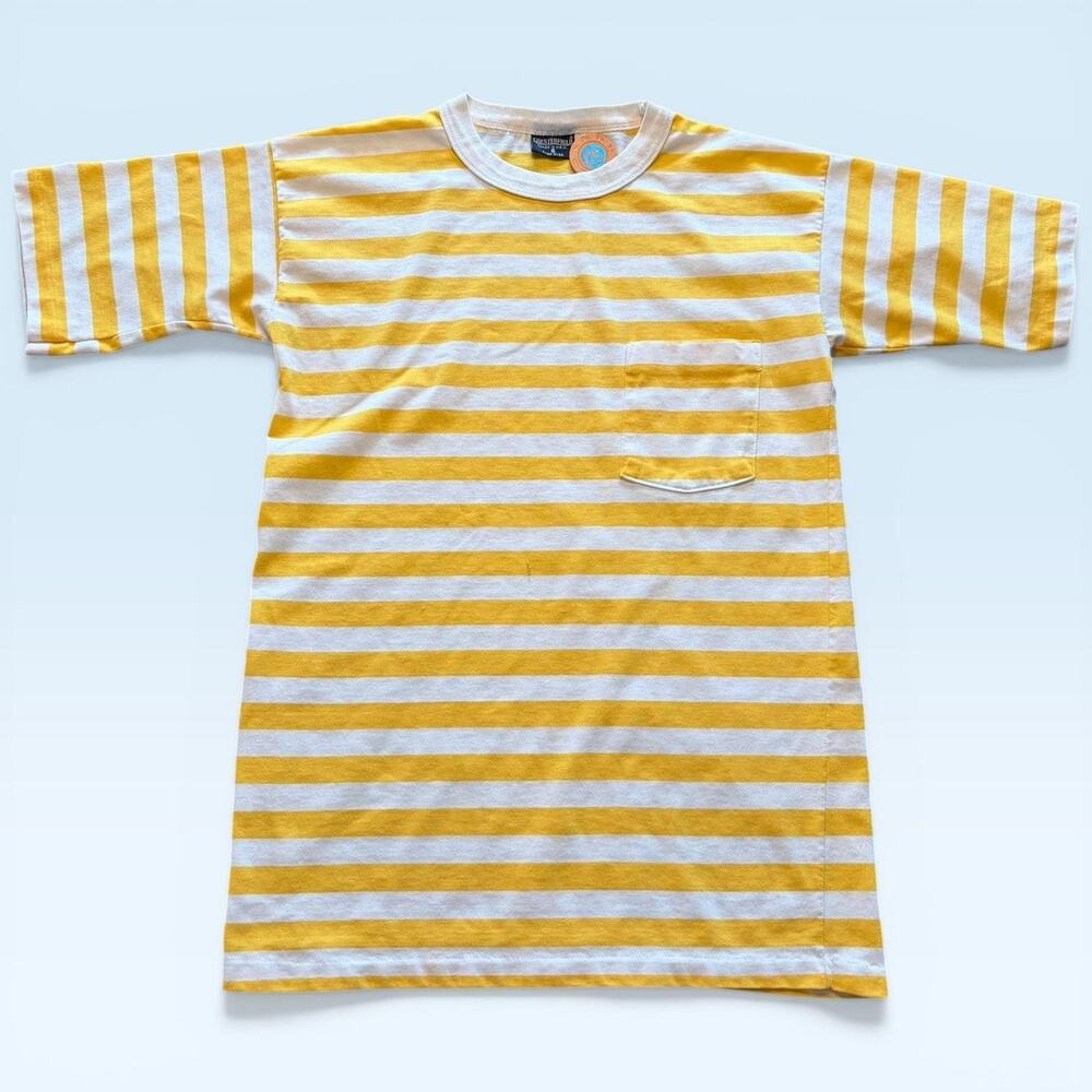 Chesterfield Shirt Mens Small Yellow White Stripe Pocket Crewneck Tee USA